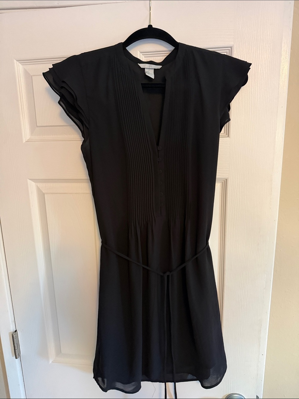 H&M Black Pintuck Short Sleeve Tie-Waist Mini Dress